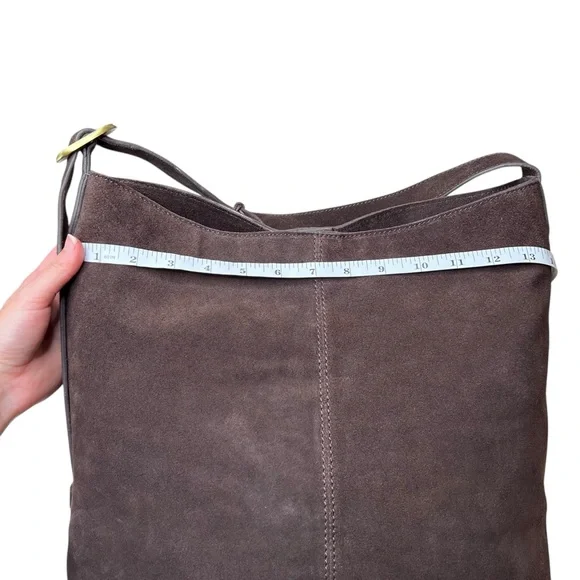 Chocolate Brown 100% Genuine Suede Leather Slouchy Hobo Bag Gold Buckle Strap - Picture 15 of 16